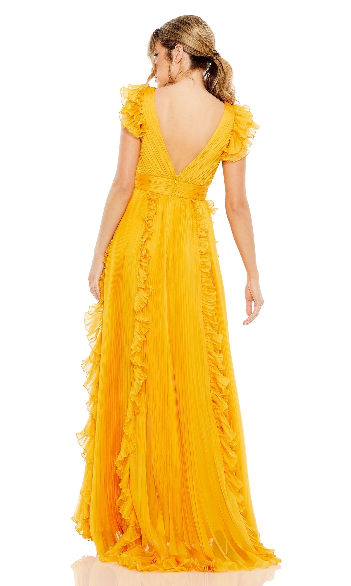 A woman faces away, wearing the Mac Duggal Ruffle-Sleeve Long Formal Dress 49539 in yellow, featuring ruffled sleeves and trim, a V-shaped back, pleated fabric, and a floor-length silhouette.